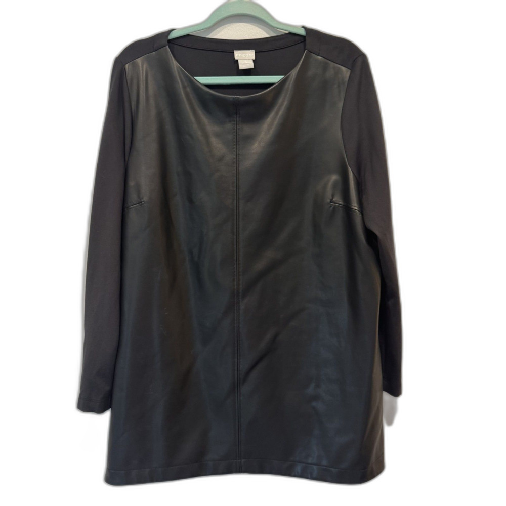 Chico's Tunic Top Vegan Leather Front Long Sleeve Black Mixed Media Women sz XL